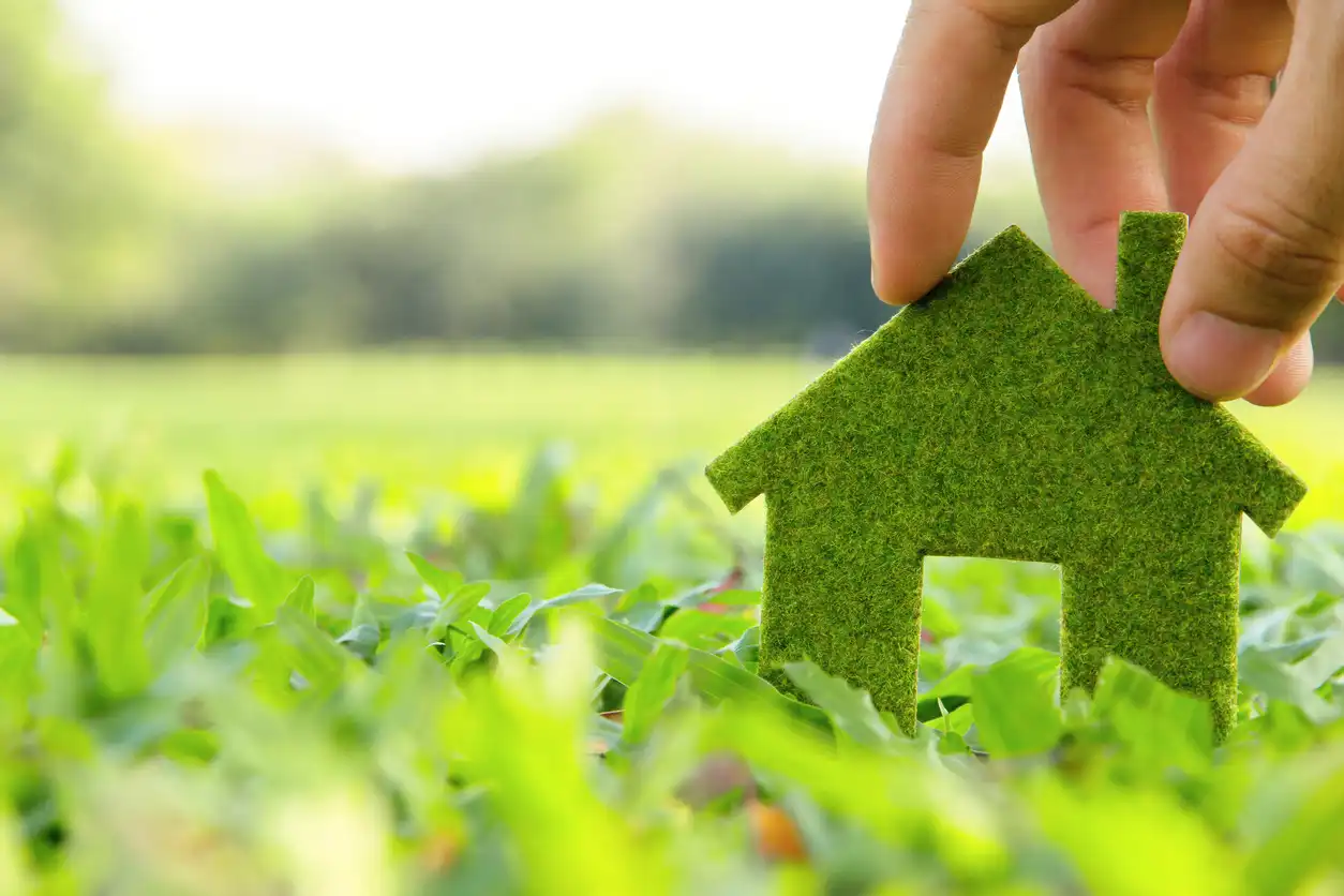 Casa de cortiça sustentável em meio a grama e vegetação, simbolizando construção ecológica e preocupação ambiental