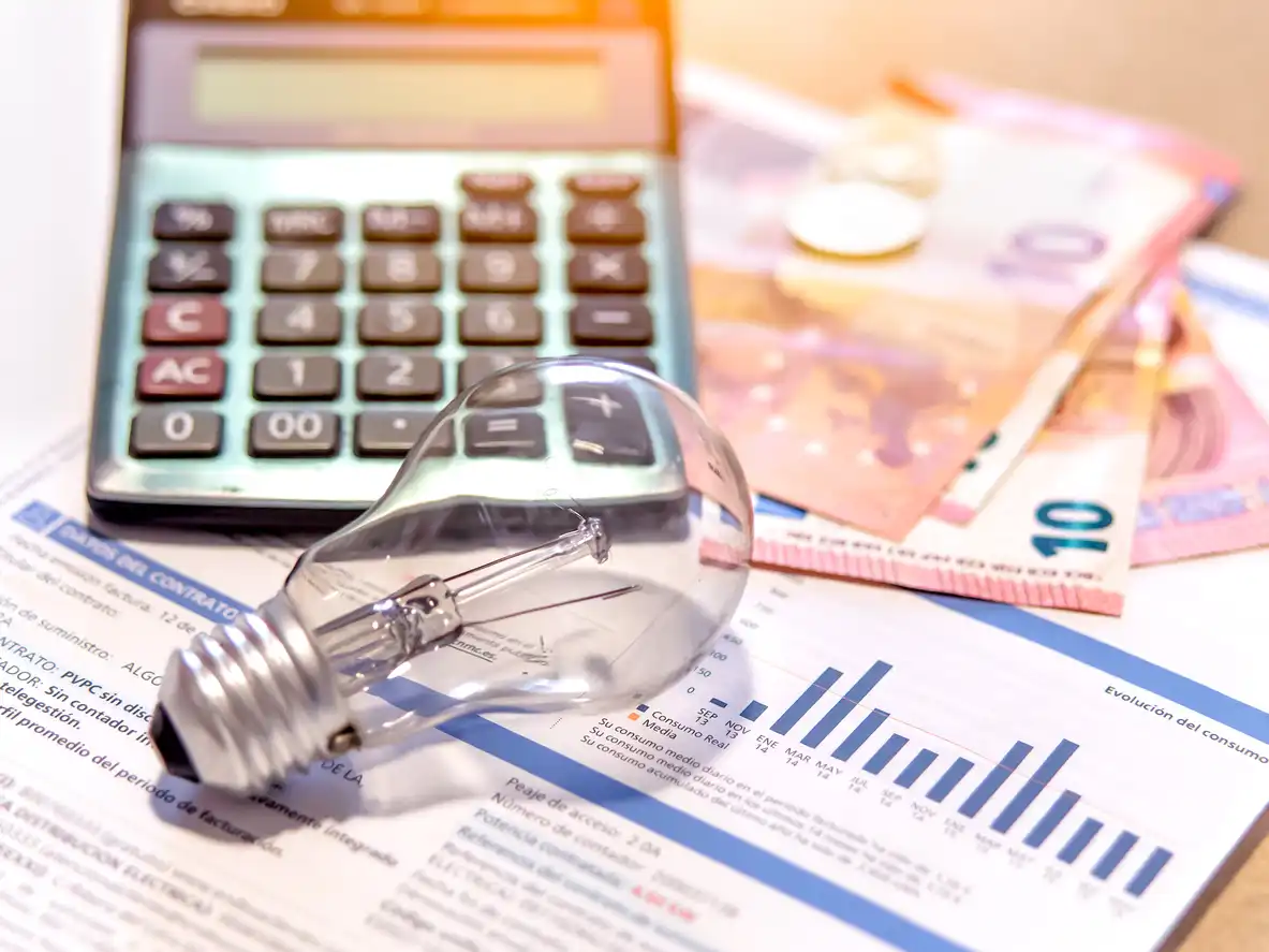 Imagem de uma calculadora, uma lâmpada incandescente, dinheiro e gráficos financeiros, representando economia e finanças.