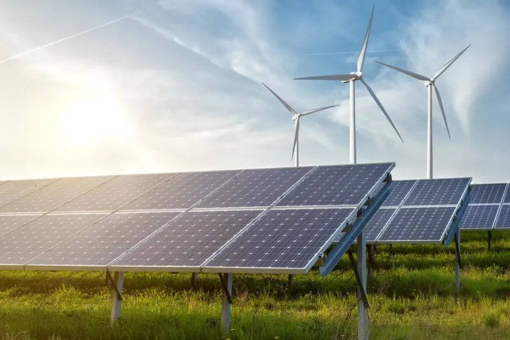 Painel solar e turbinas eólicas em uma fazenda de energia sustentável ao pôr do sol, demonstrando geração de energia limpa e renovável.